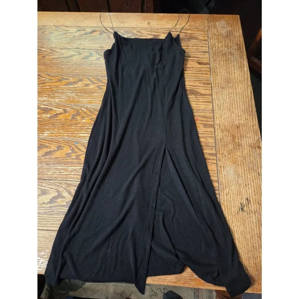 Joah Brown Strappy Slit Dress Black Ribbed Sz M/L - Picture 2 of 4